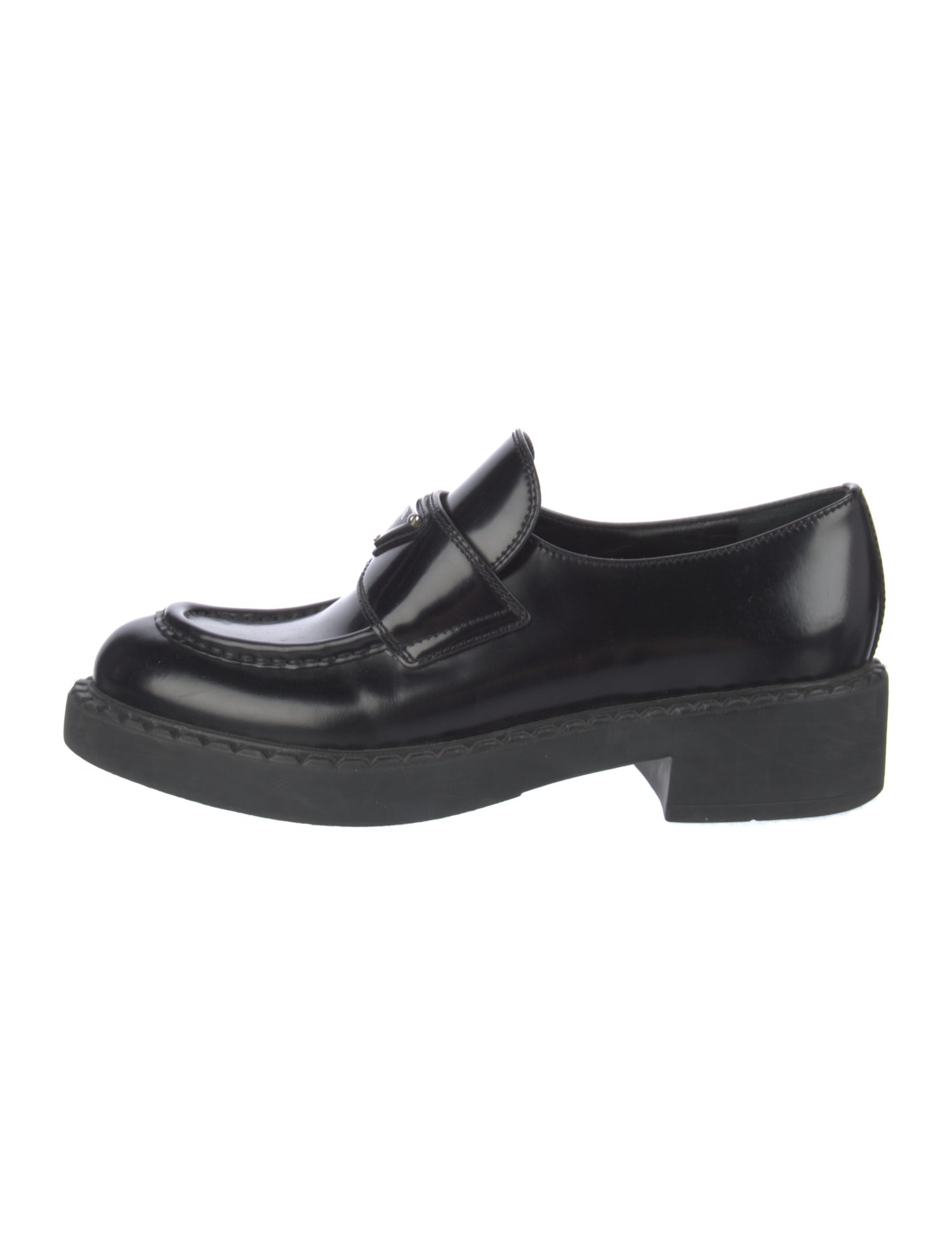 Prada Enameled Metal Triangle Leather Loafers