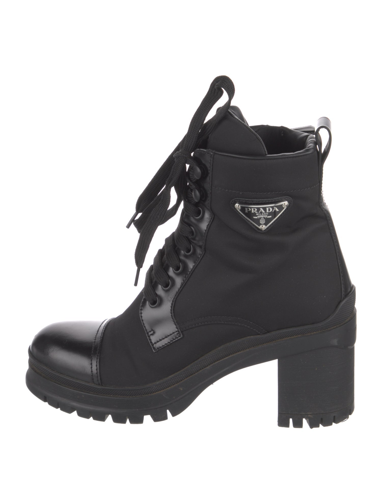 Prada Enameled Metal Triangle Nylon Combat Boots