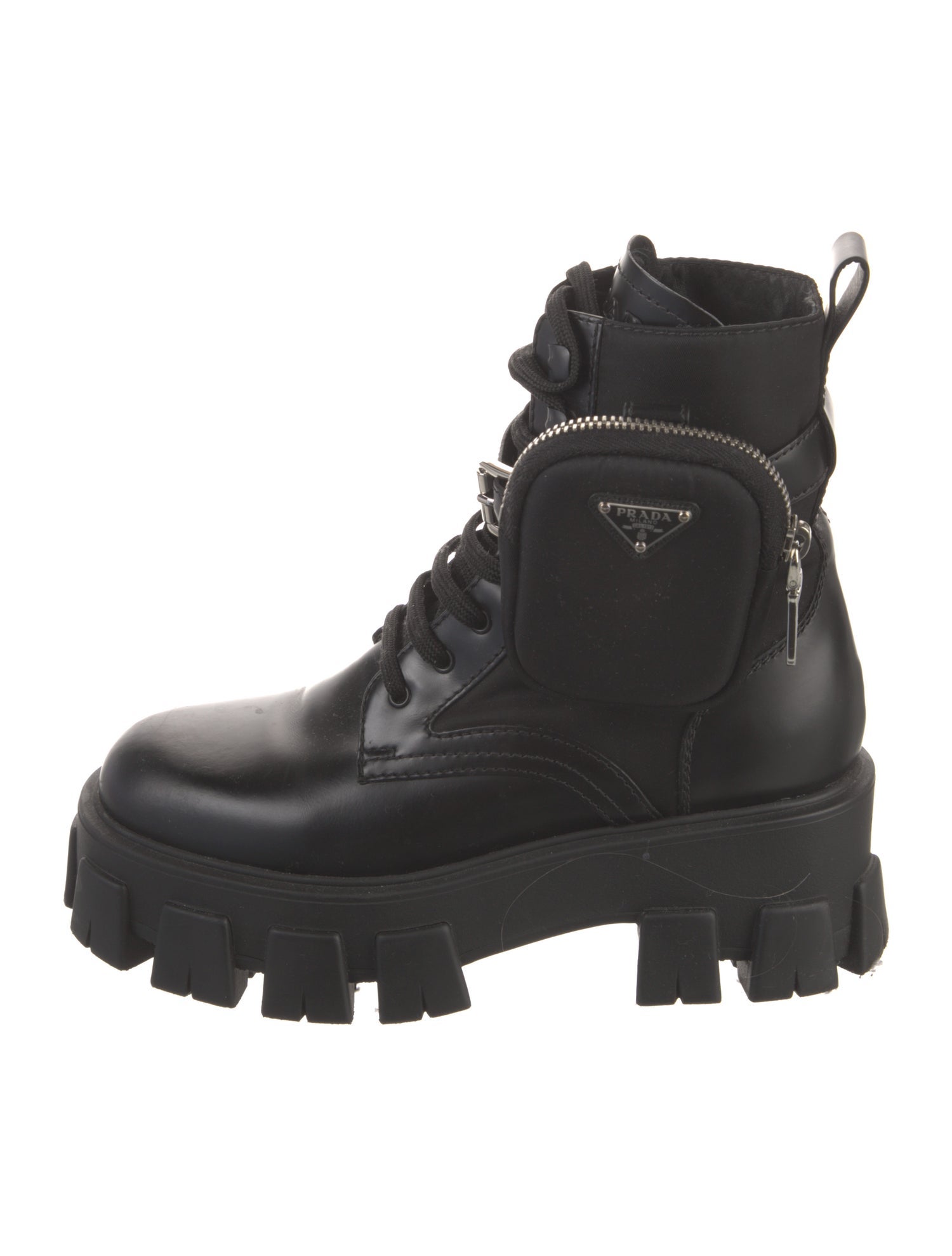 Prada Enameled Metal Triangle Leather Combat Boots
