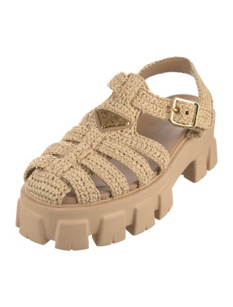 Prada Enameled Metal Triangle Raffia Gladiator Sandals