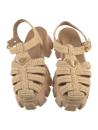 Prada Enameled Metal Triangle Raffia Gladiator Sandals