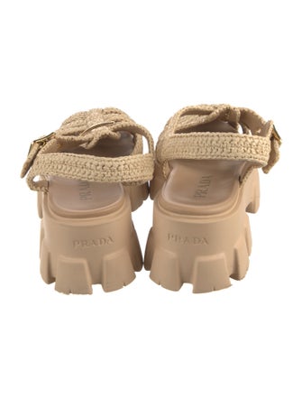 Prada Enameled Metal Triangle Raffia Gladiator Sandals