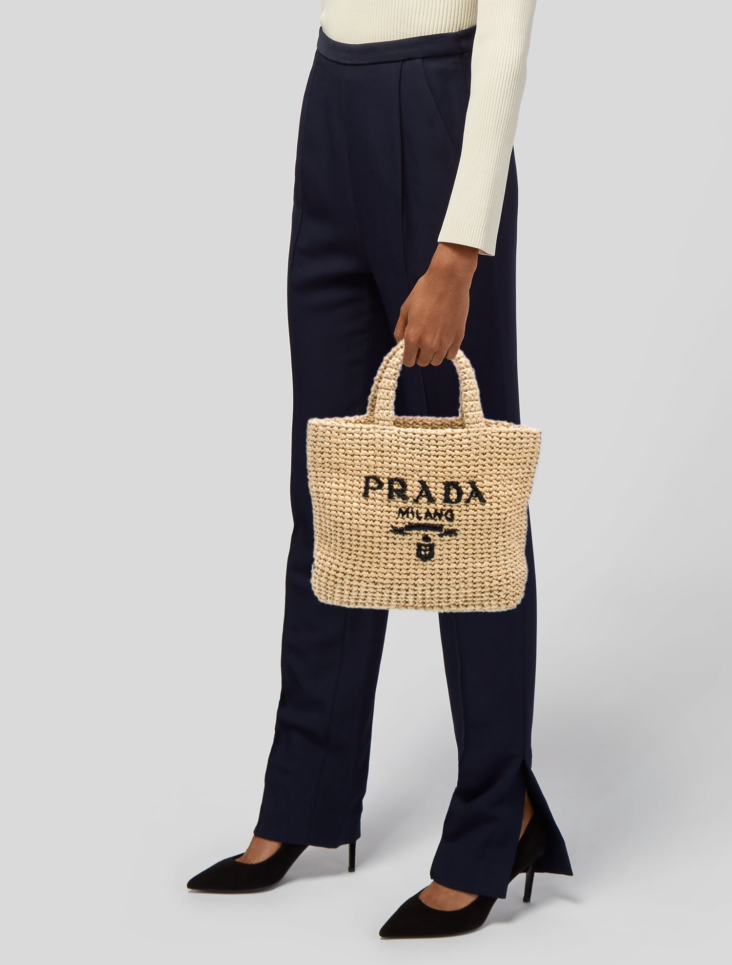 Prada Enameled Metal Triangle Logo Tote