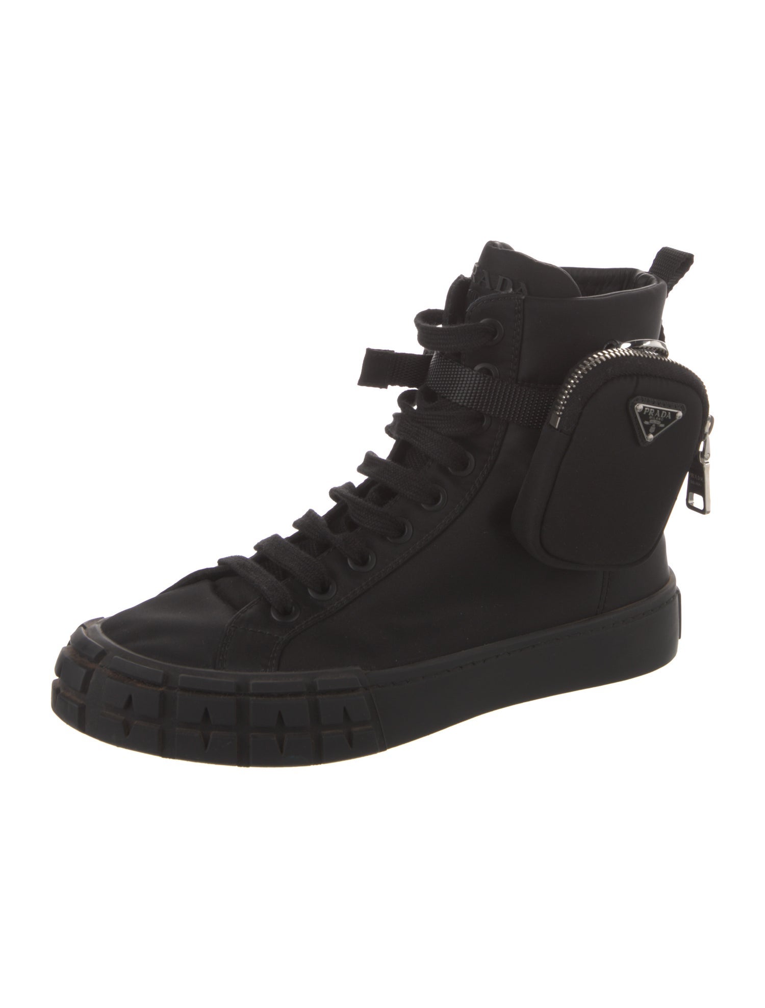 Prada Nylon Leather Trim Embellishment Lace-Up Boots