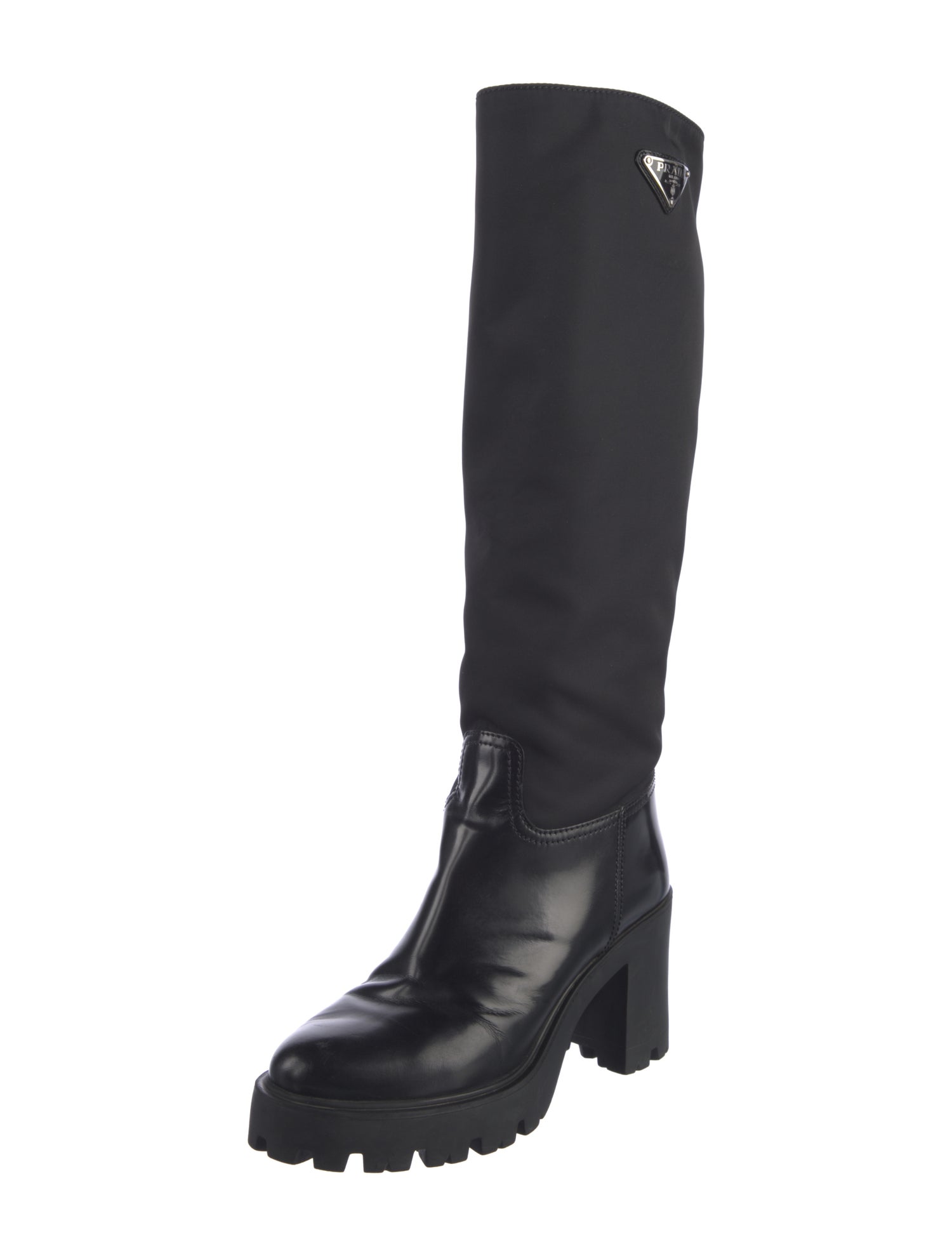 Prada Enameled Metal Triangle Leather Rain Boots