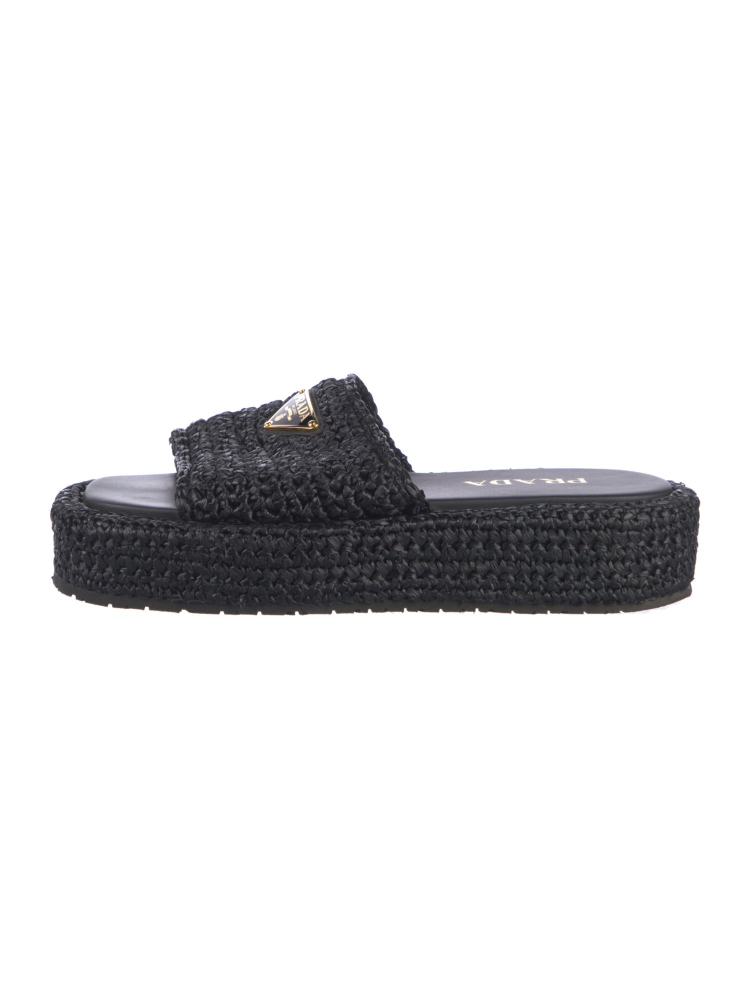 Prada Enameled Metal Triangle Raffia Espadrilles
