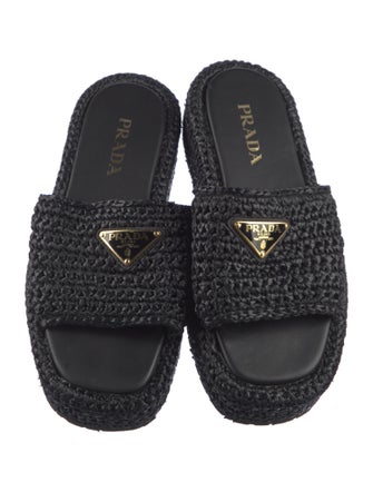 Prada Enameled Metal Triangle Raffia Espadrilles