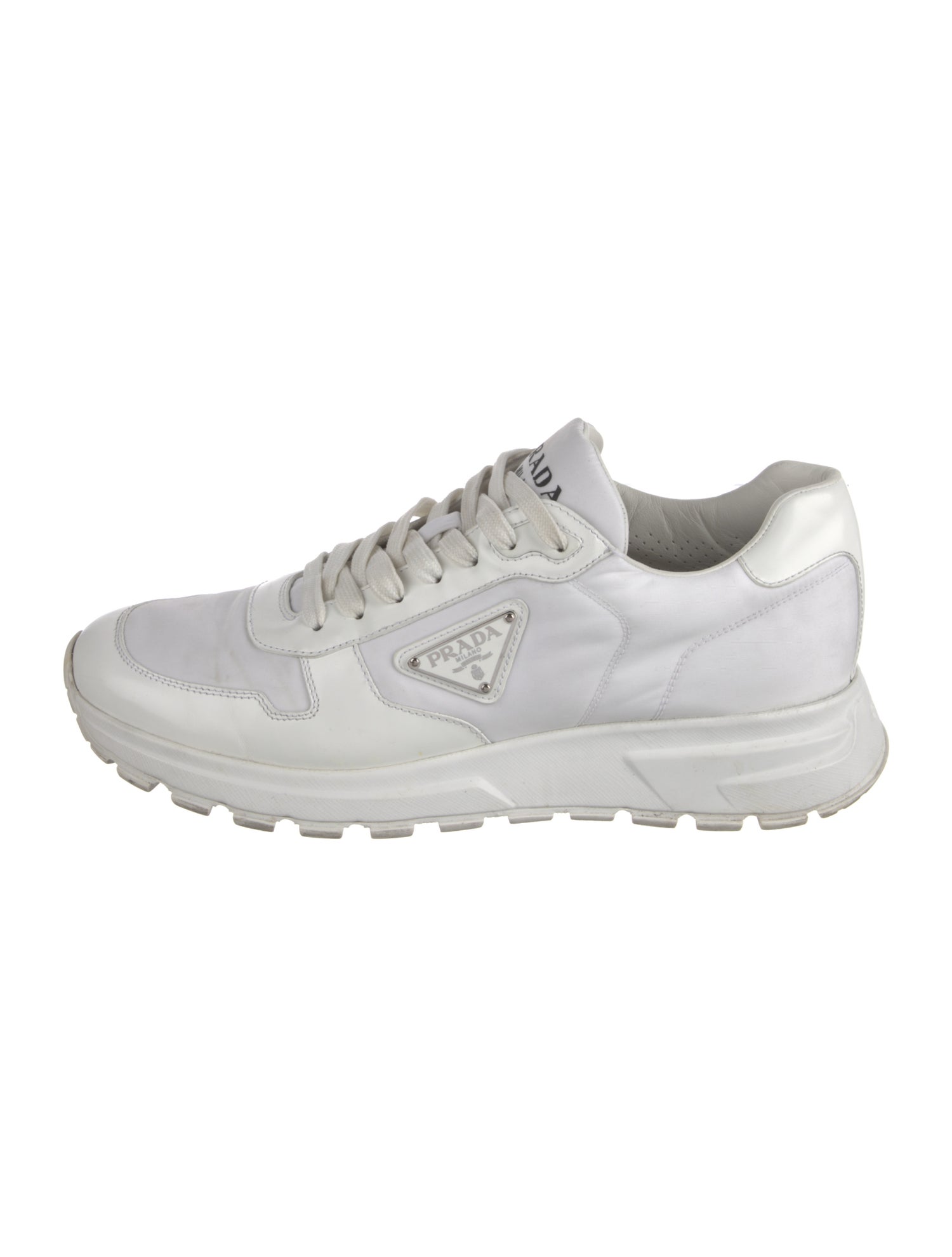 Prada Enameled Metal Triangle Leather Sneakers