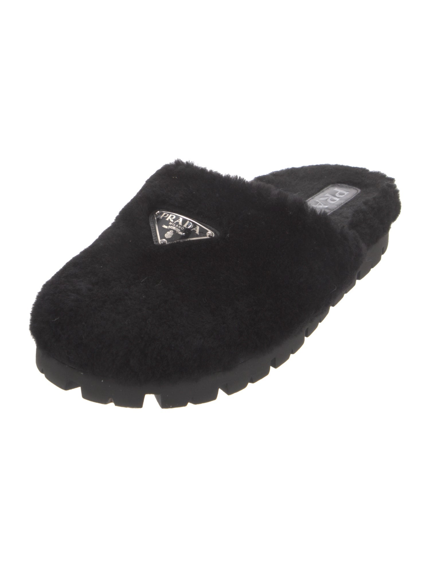 Prada Enameled Metal Triangle Shearling Slides