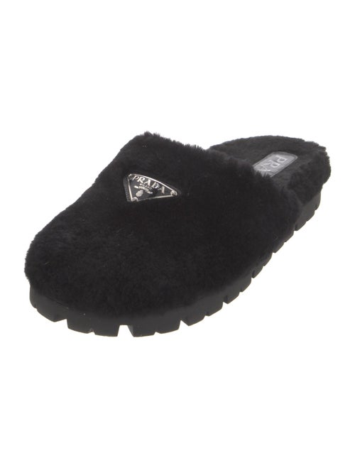 Prada Enameled Metal Triangle Shearling Slides
