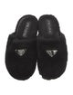 Prada Enameled Metal Triangle Shearling Slides