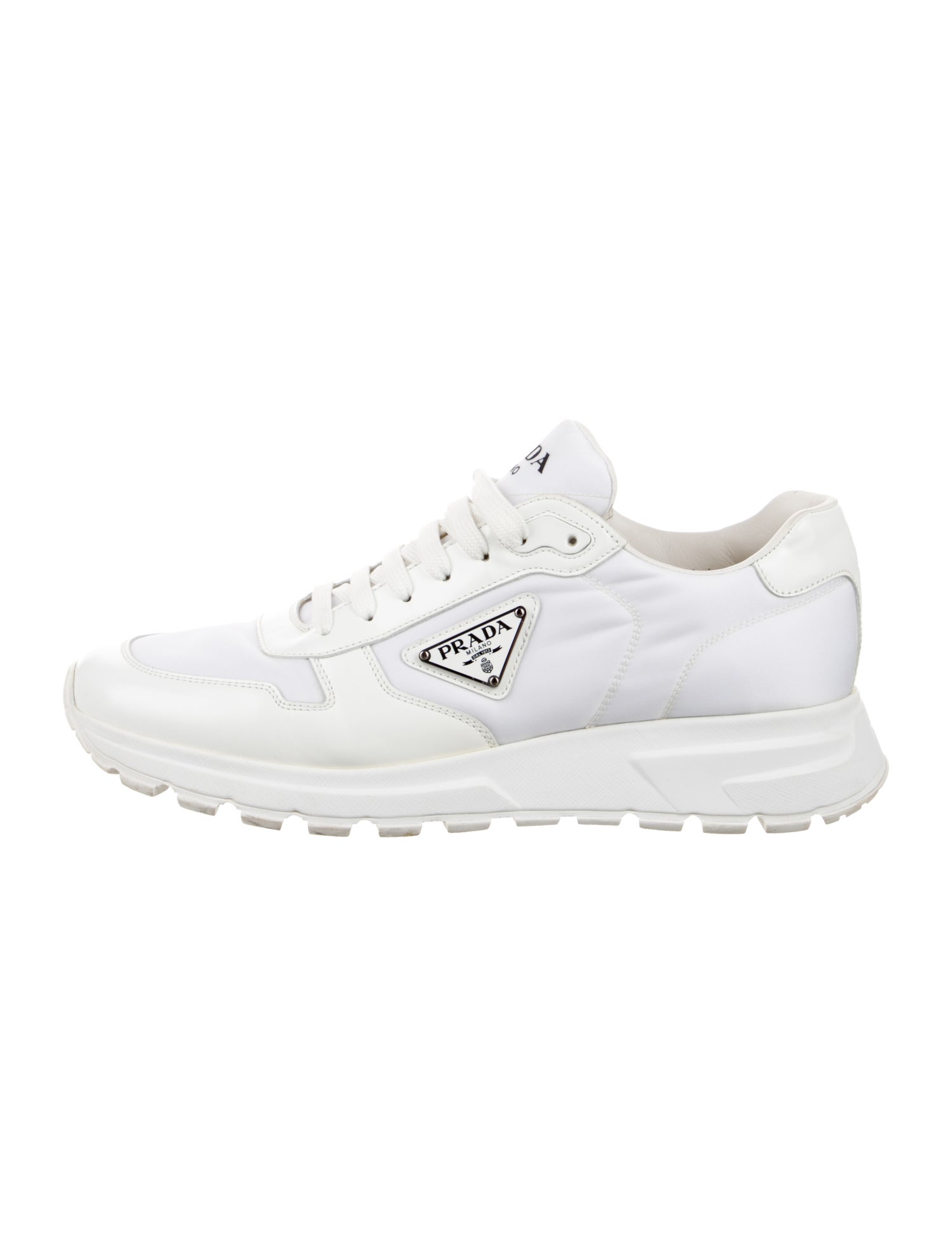 Prada Enameled Metal Triangle Leather Sneakers