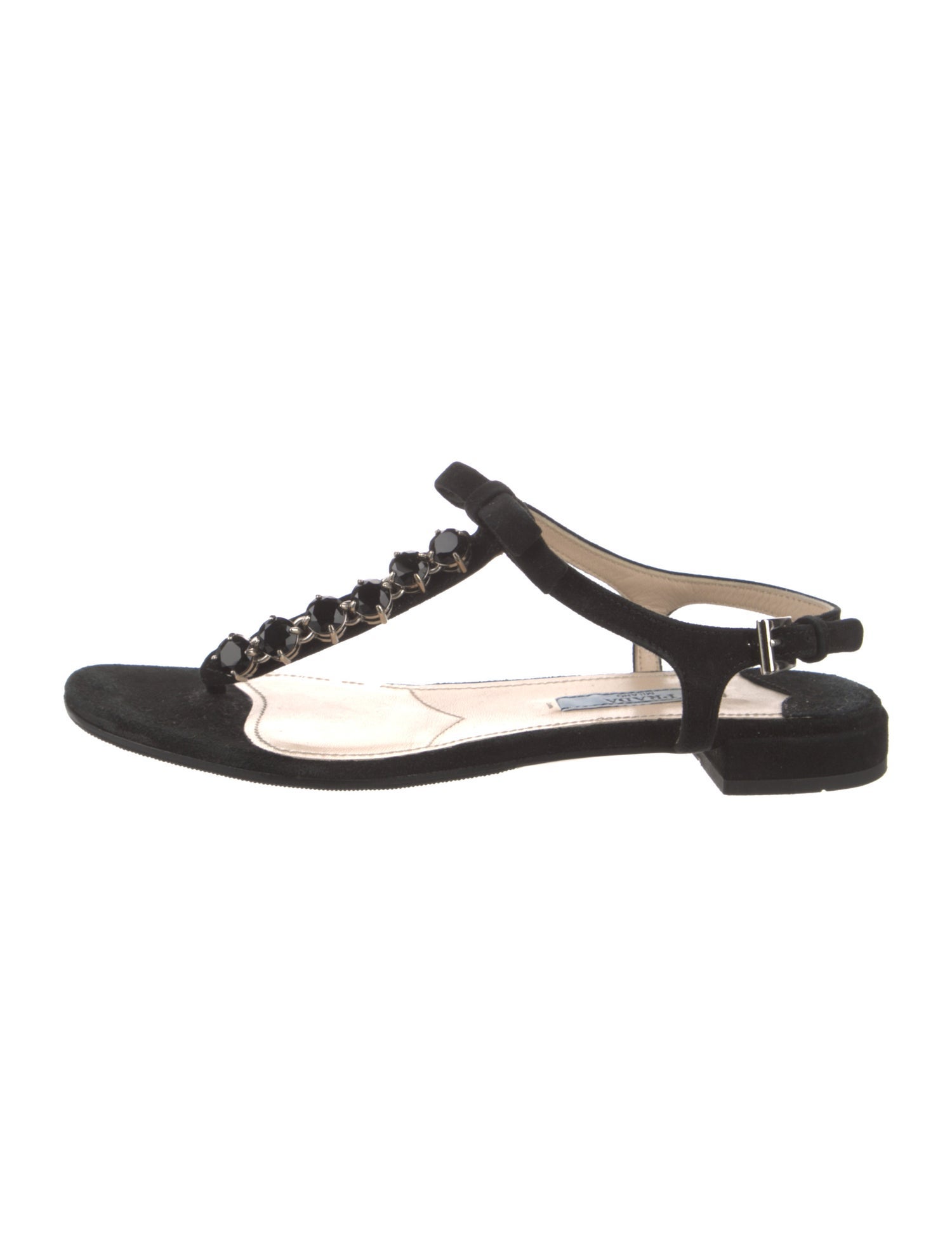 Prada Suede Crystal Embellishments T-Strap Sandals