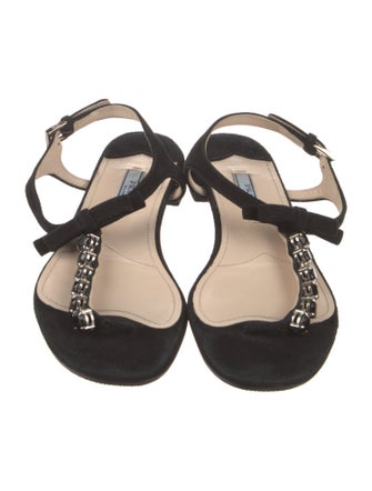 Prada Suede Crystal Embellishments T-Strap Sandals