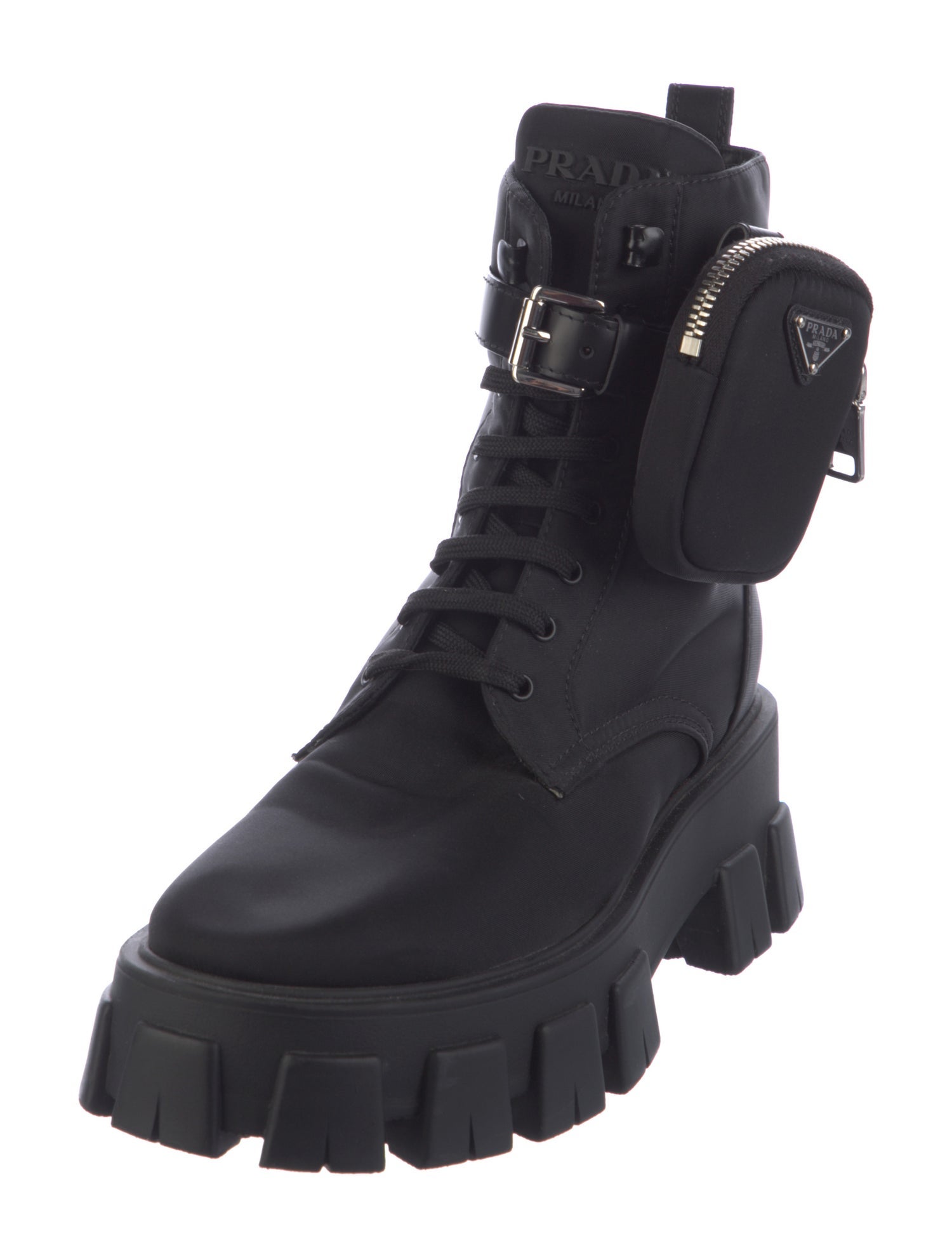 Prada Monolith Enameled Metal Triangle Combat Boots
