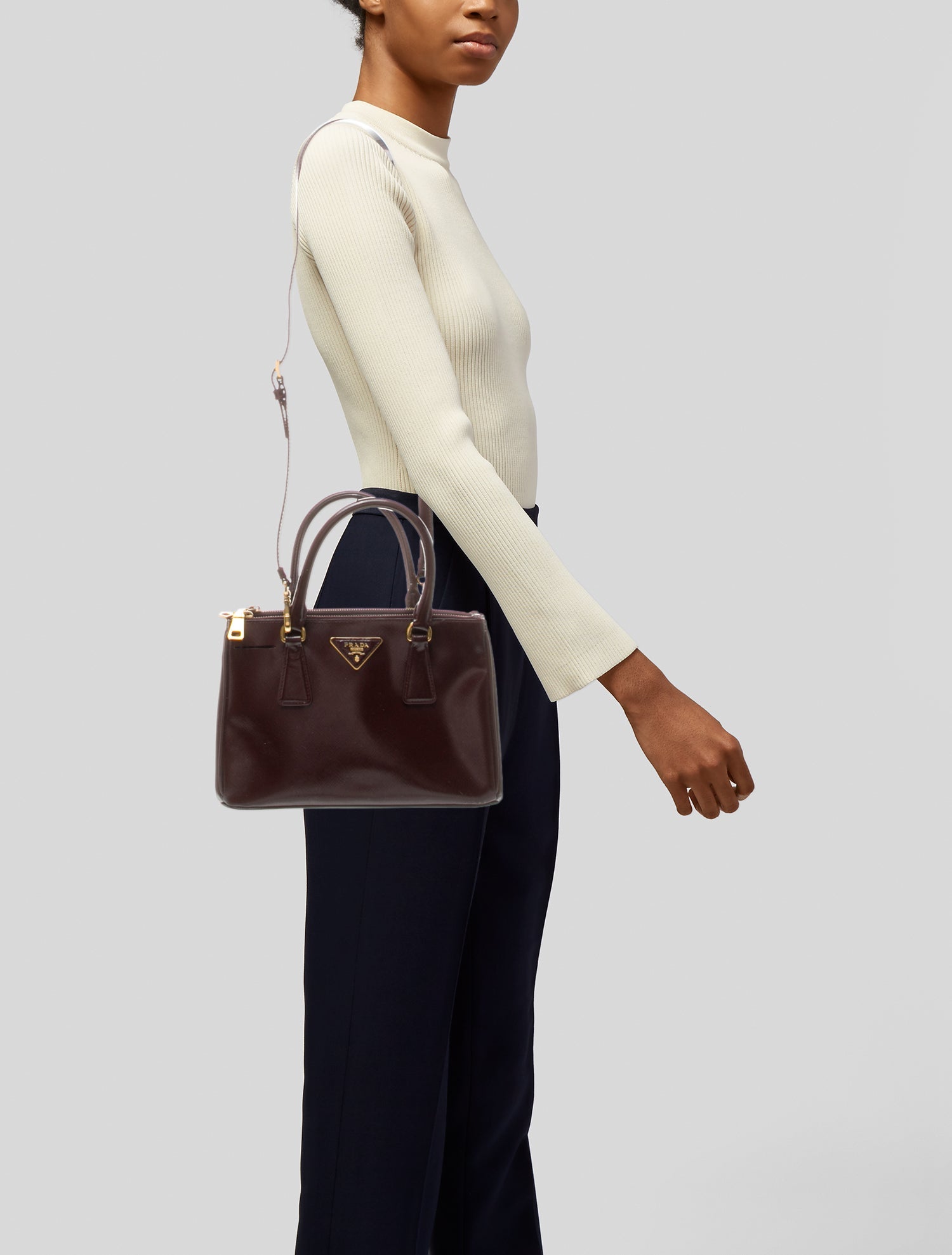 Prada Enameled Metal Triangle Galleria Double Zip Small