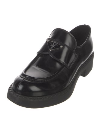 Prada Enameled Metal Triangle Leather Loafers