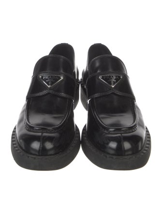 Prada Enameled Metal Triangle Leather Loafers
