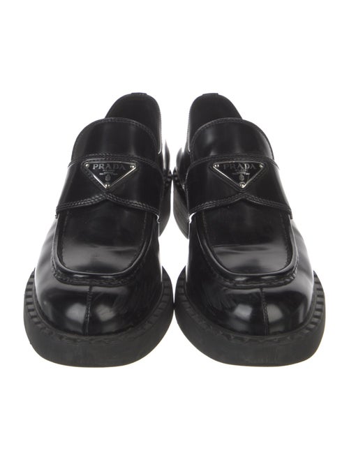 Prada Enameled Metal Triangle Leather Loafers