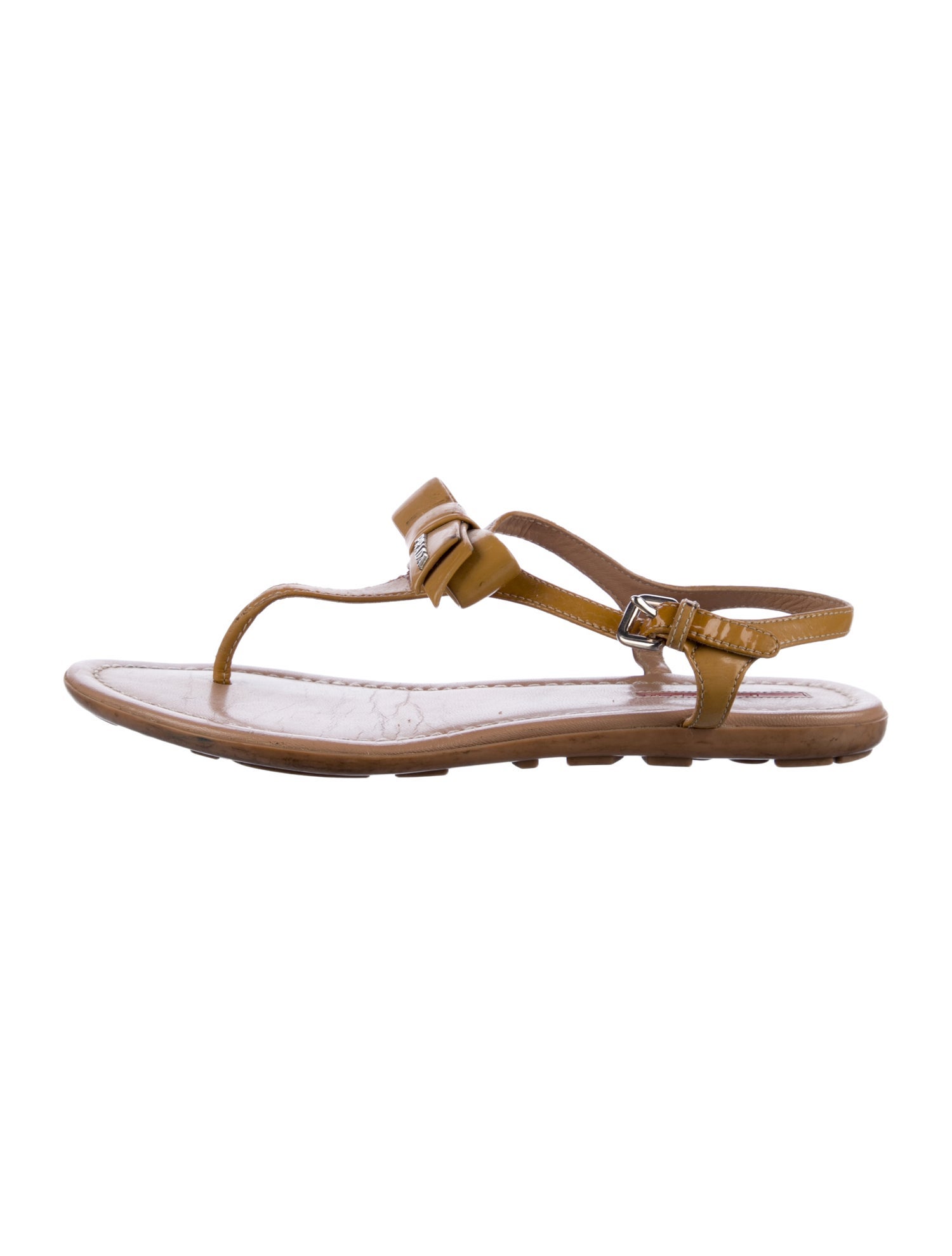 Prada Patent Leather Bow Accents T-Strap Sandals