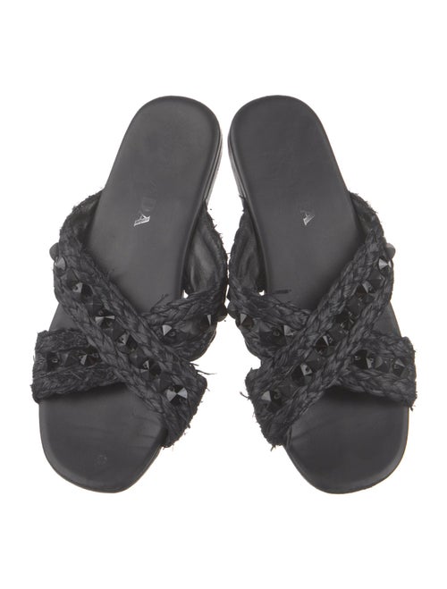 Prada Straw Crystal Embellishments Slides