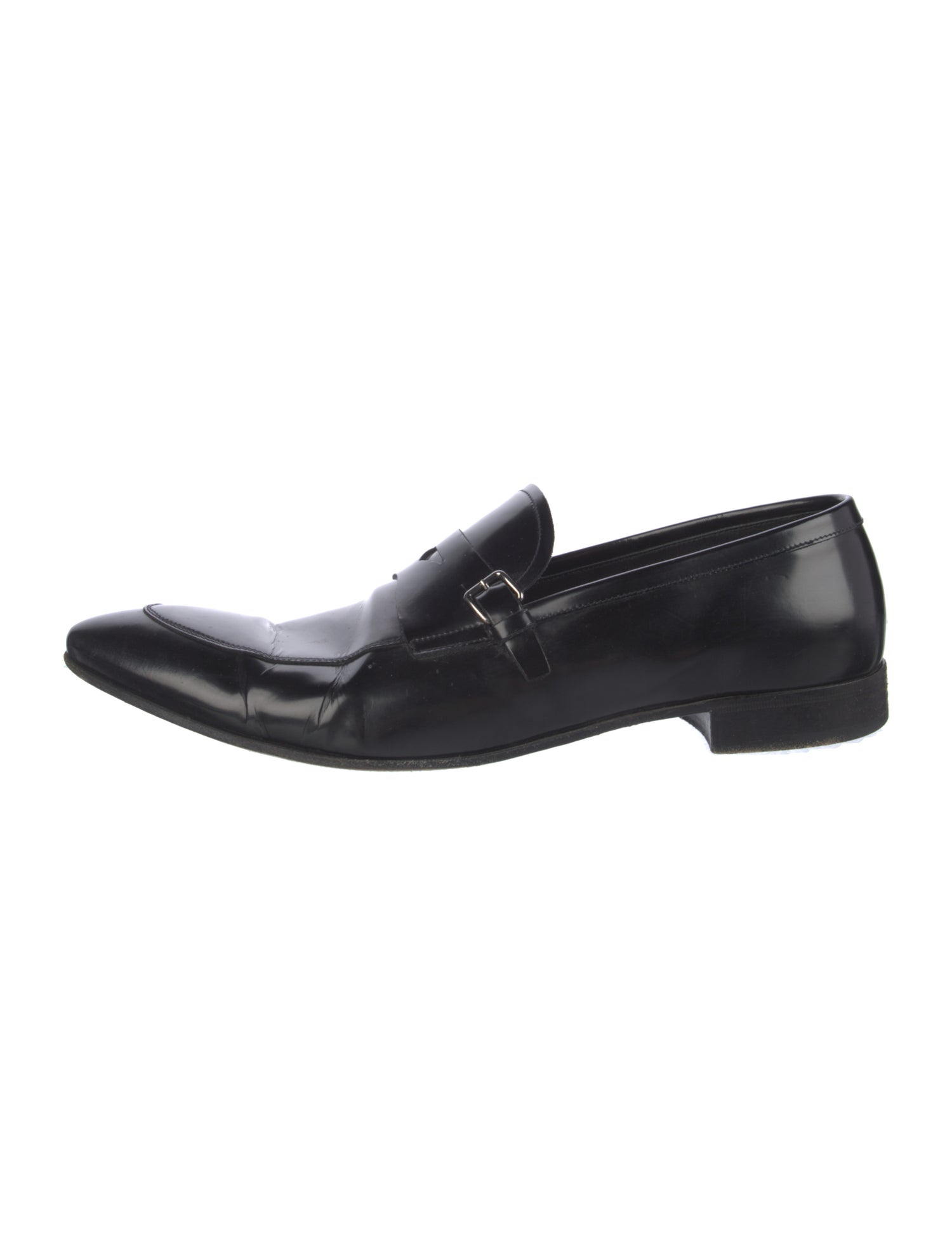 Prada Enameled Metal Triangle Leather Dress Loafers
