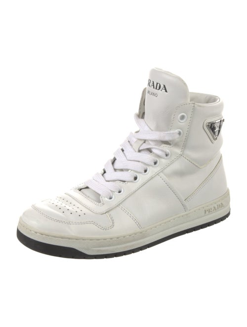 Prada Enameled Metal Triangle Leather Sneakers