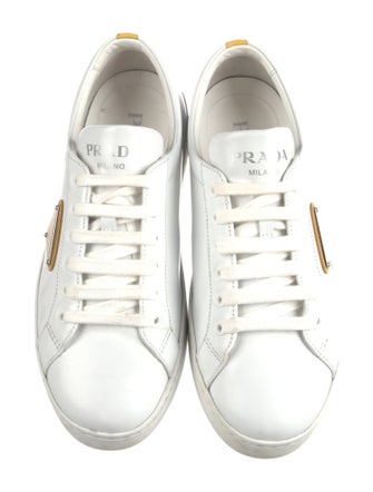Prada Enameled Metal Triangle Leather Sneakers