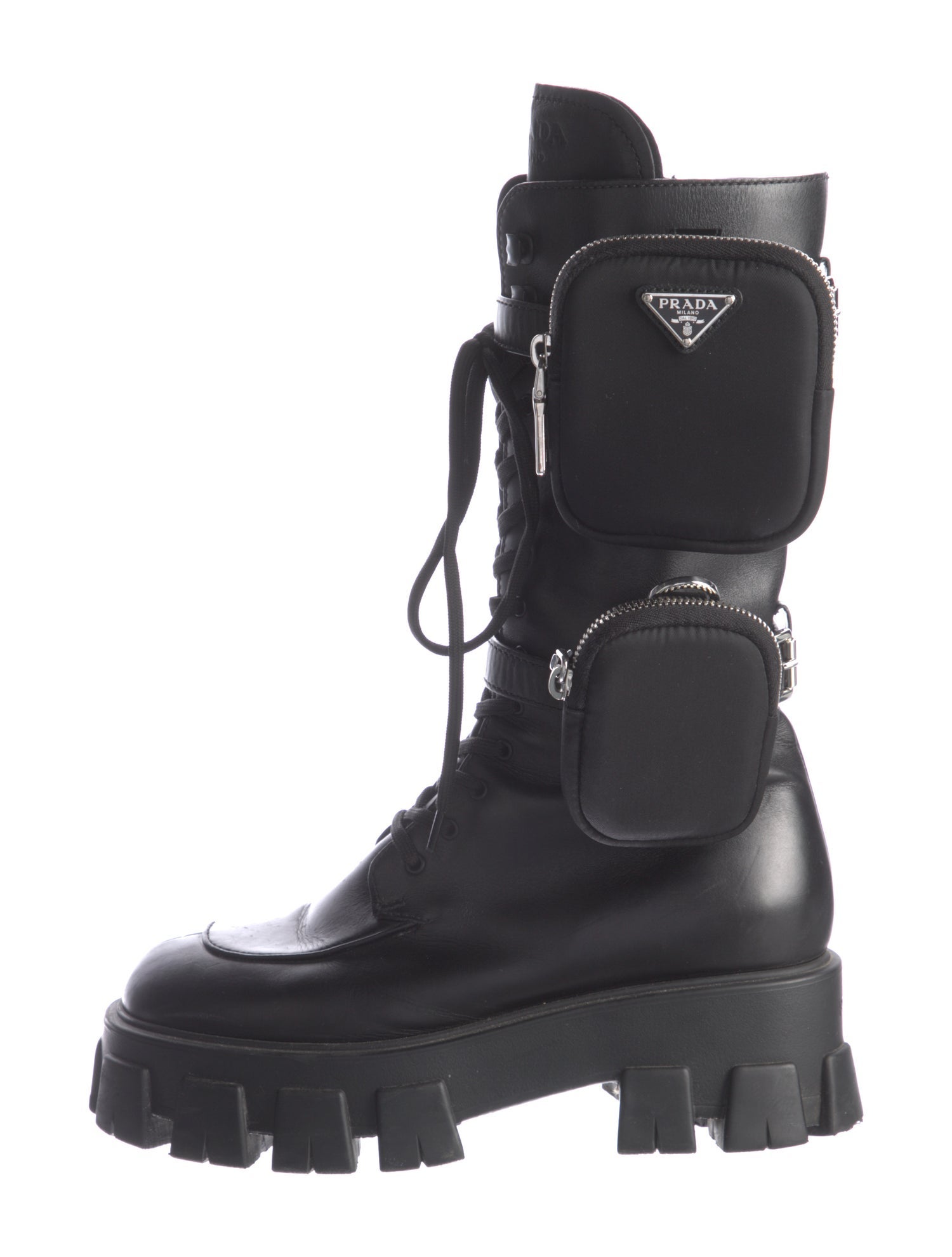 Prada Enameled Metal Triangle Leather Combat Boots
