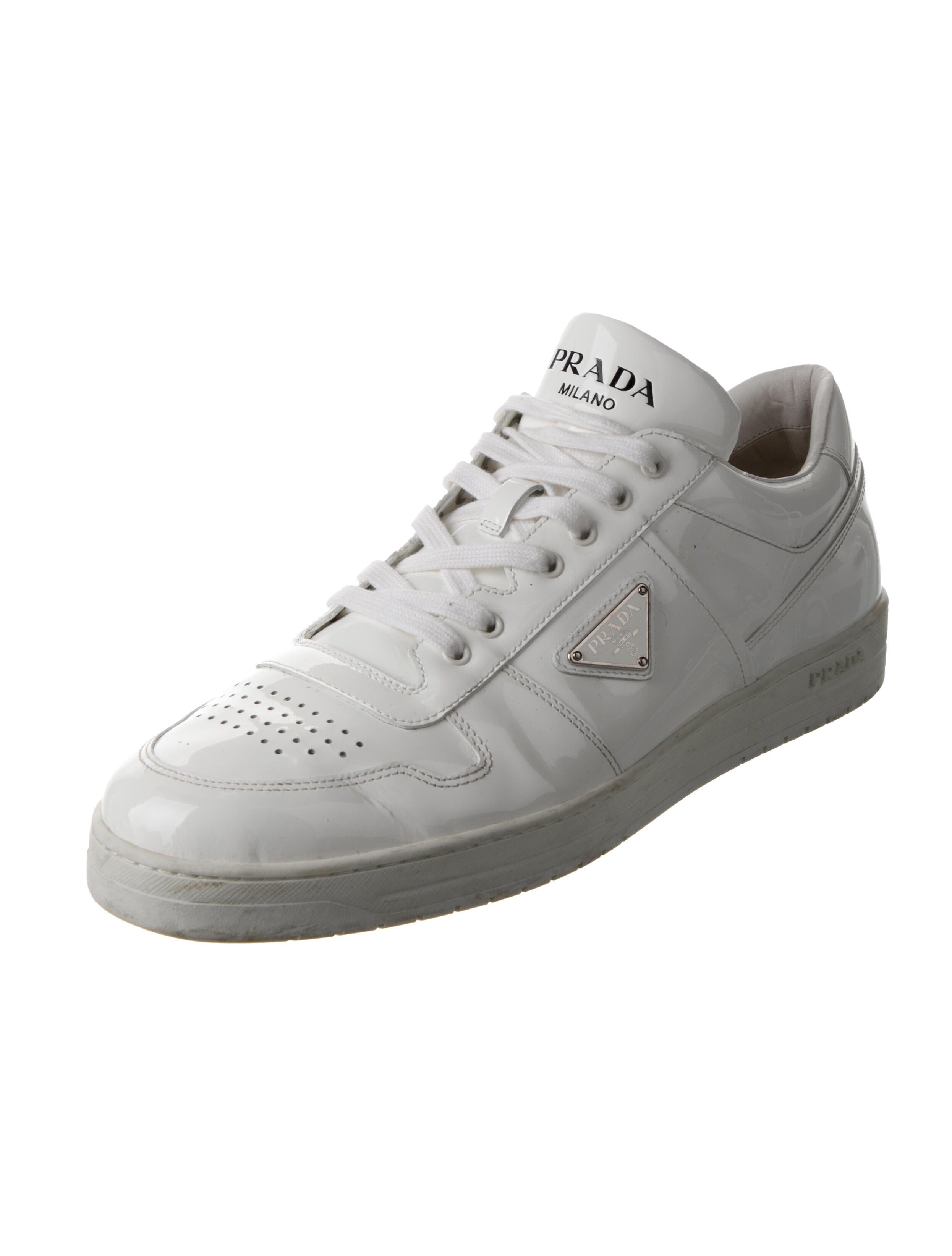 Prada Enameled Metal Triangle Patent Leather Sneakers