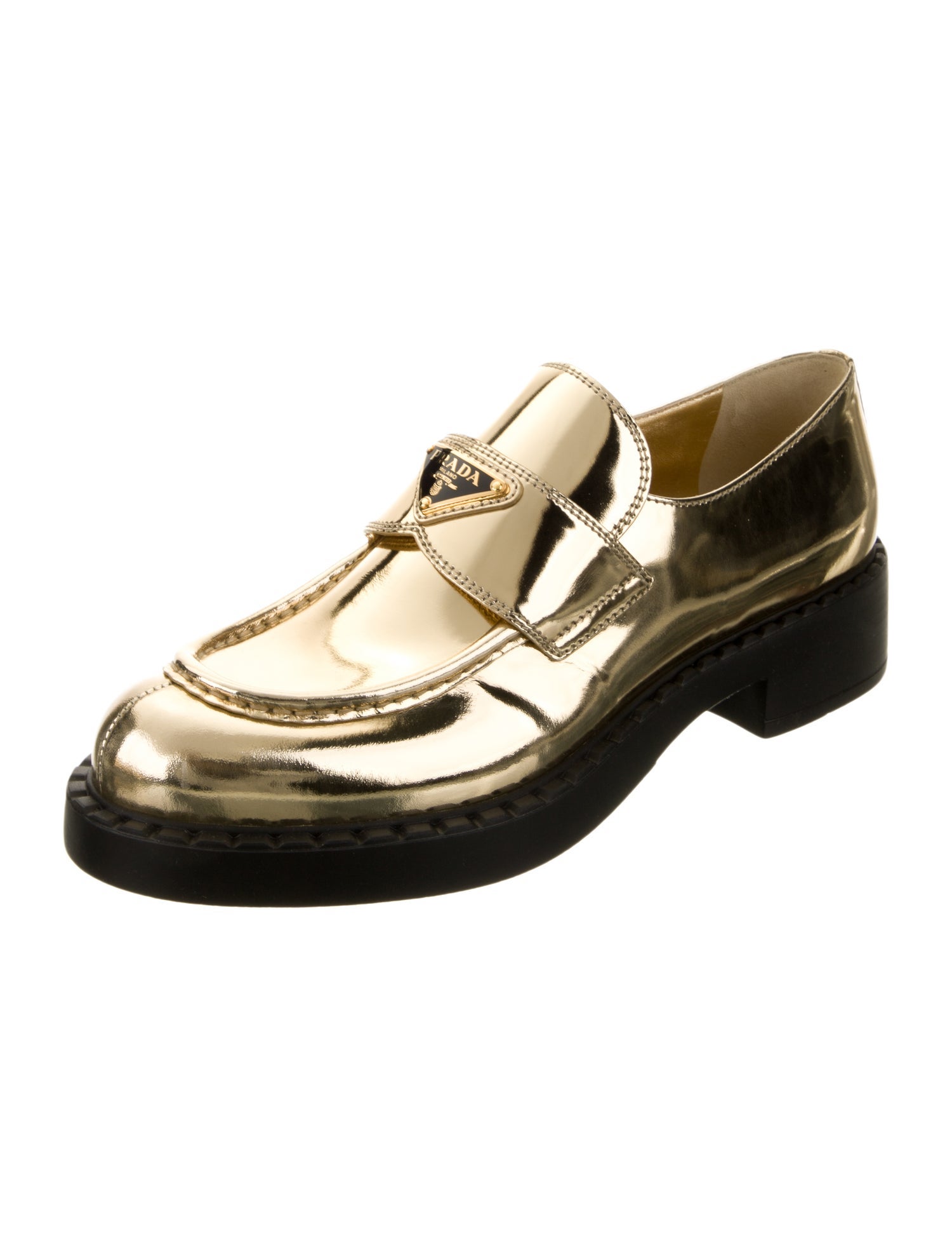 Prada Enameled Metal Triangle Patent Leather Oxfords w/ Tags