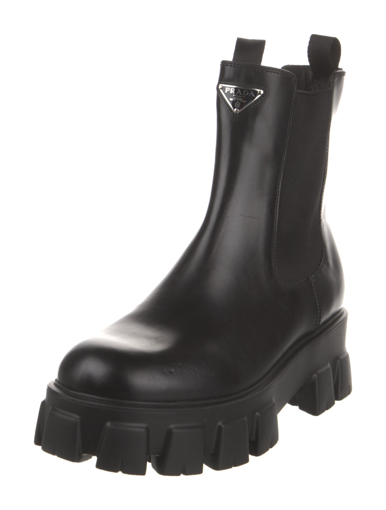 Prada Spazzolato Rois Monolith Enameled Metal Triangle Chelsea Boots