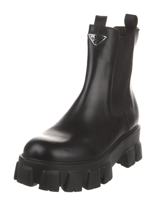 Prada Spazzolato Rois Monolith Enameled Metal Triangle Chelsea Boots