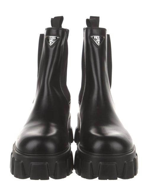 Prada Spazzolato Rois Monolith Enameled Metal Triangle Chelsea Boots