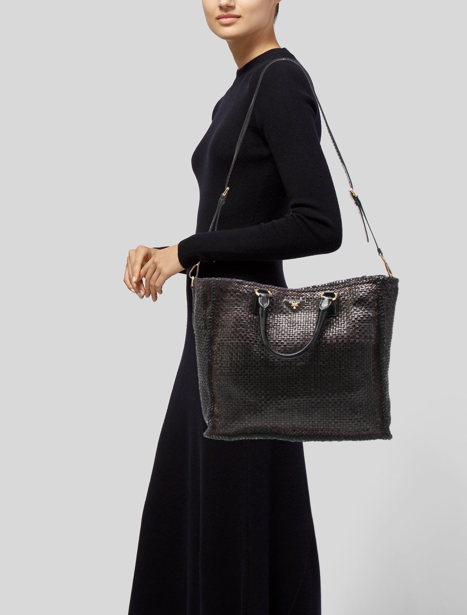 Prada Madras Leather Woven Shopping Bag Large