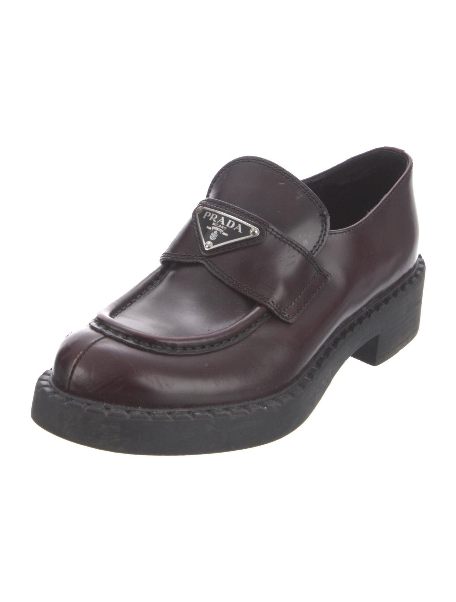 Prada Enameled Metal Triangle Patent Leather Loafers