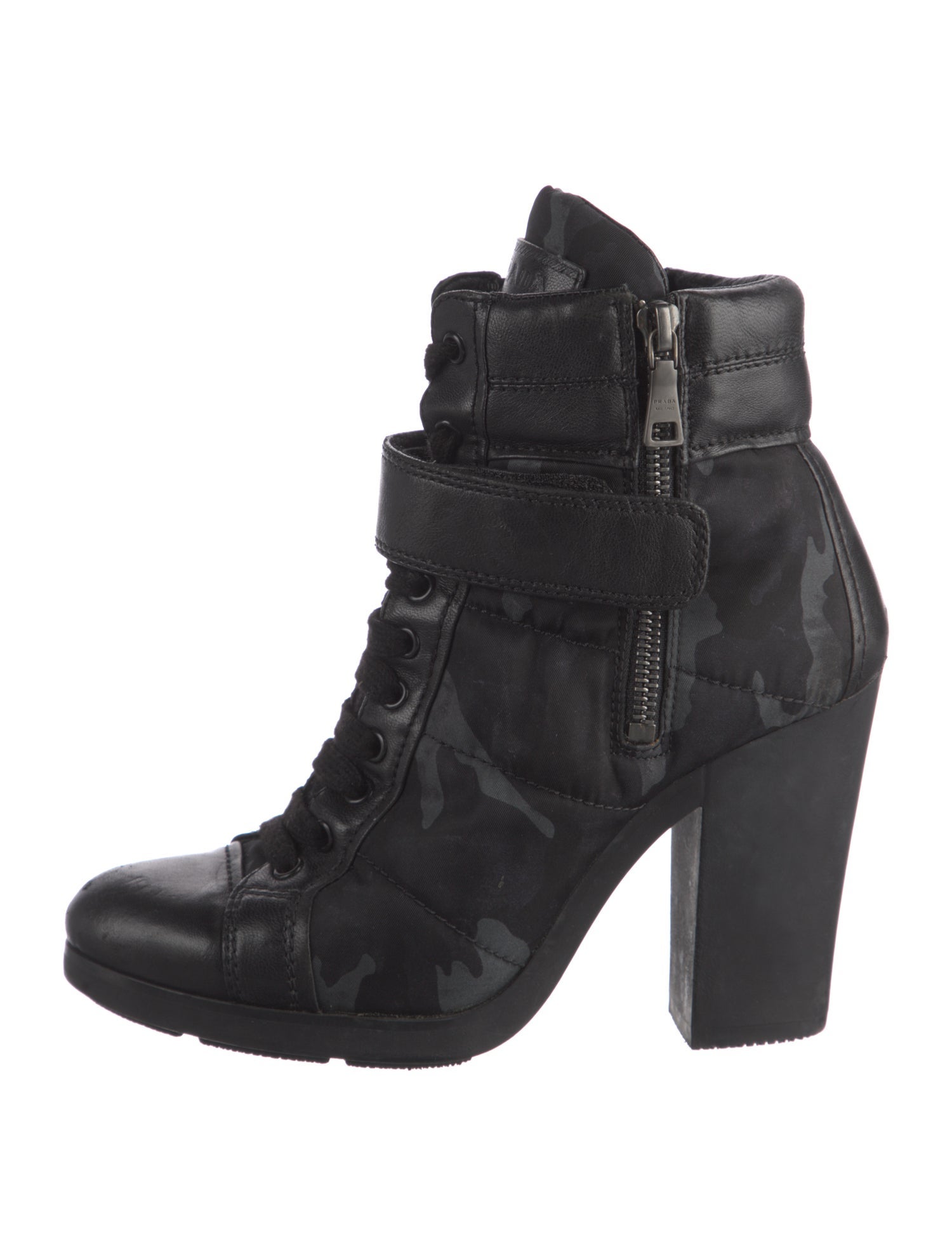 Prada Nylon Leather Trim Embellishment Combat Boots