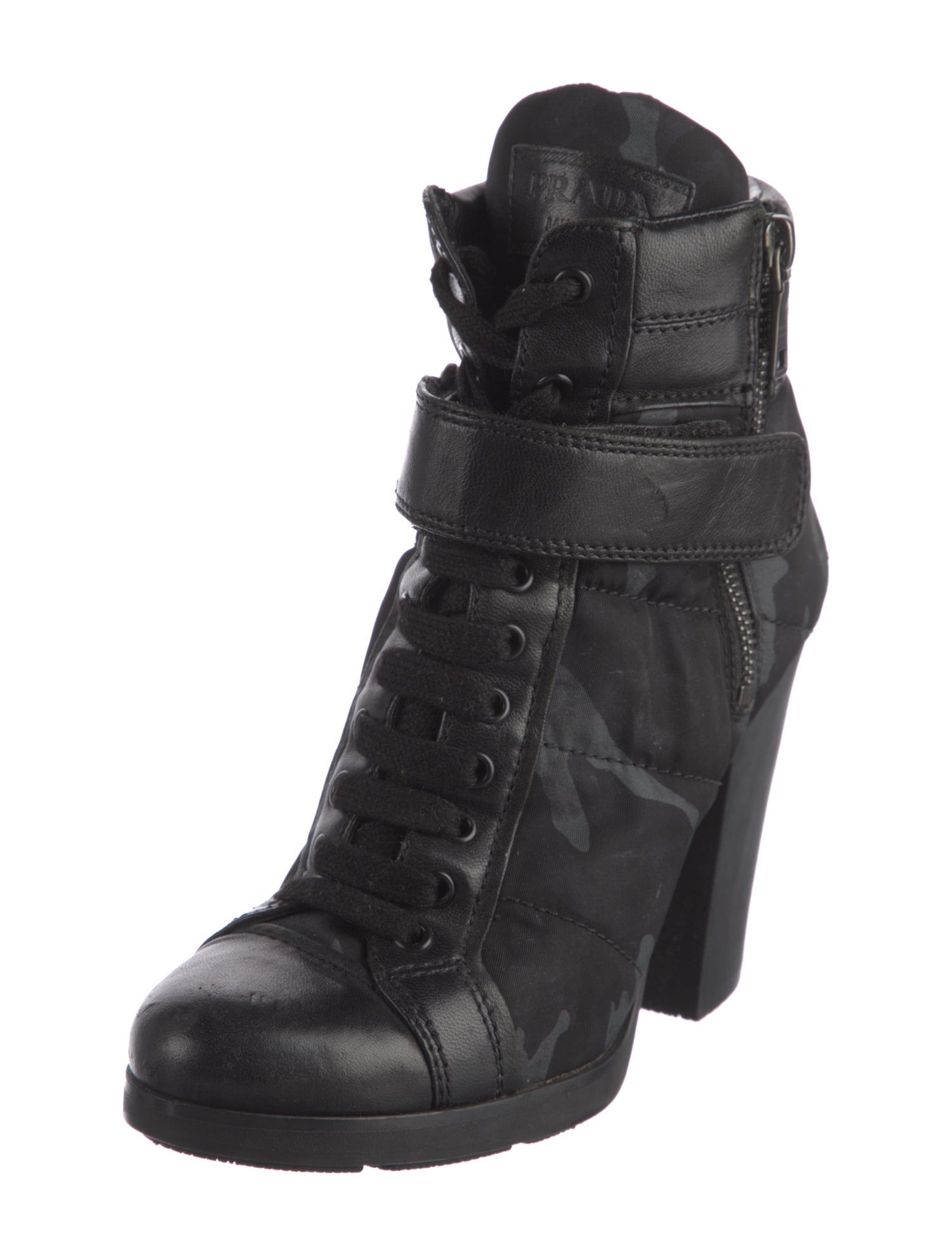 Prada Nylon Leather Trim Embellishment Combat Boots