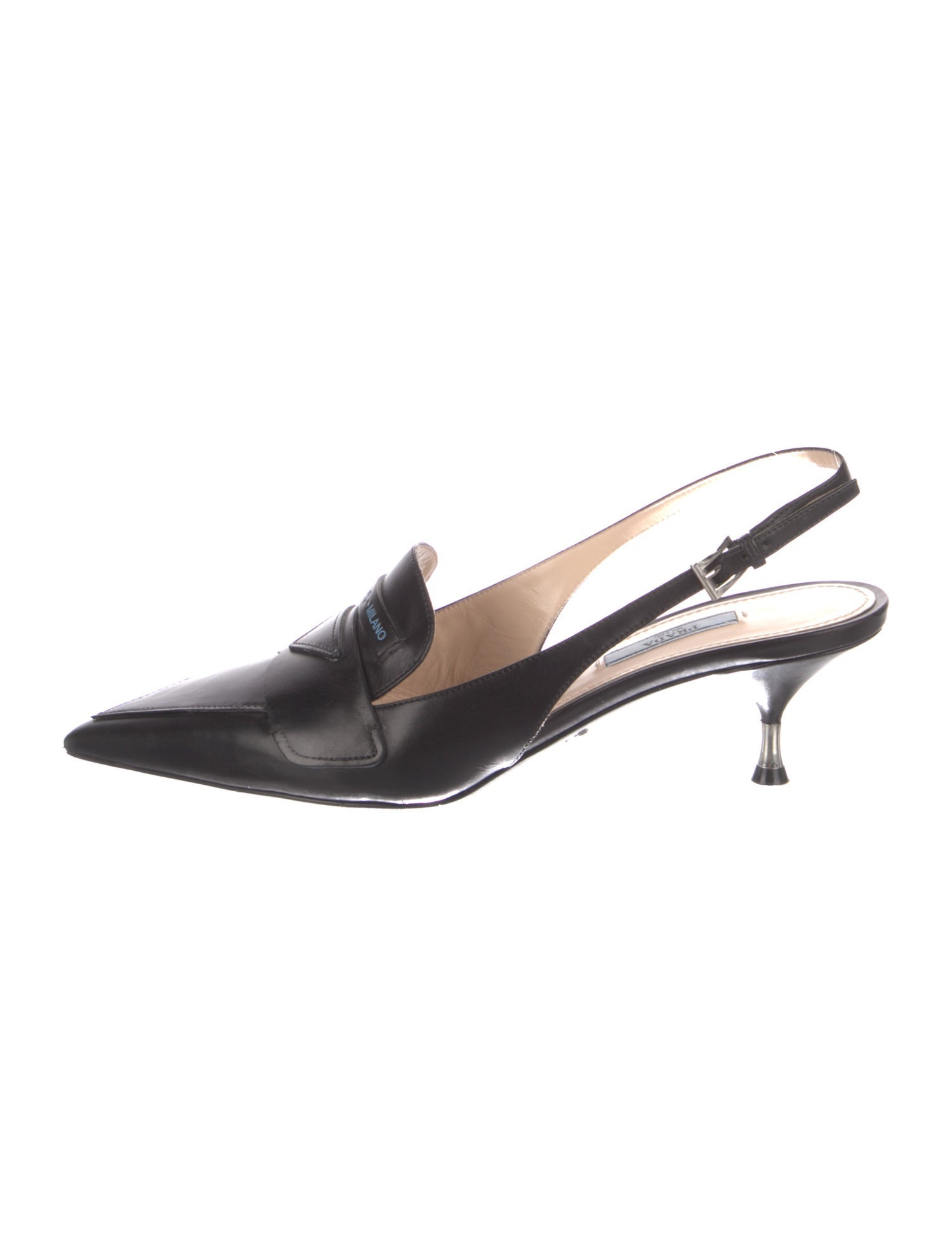 Prada Enameled Metal Triangle Leather Slingback Pumps