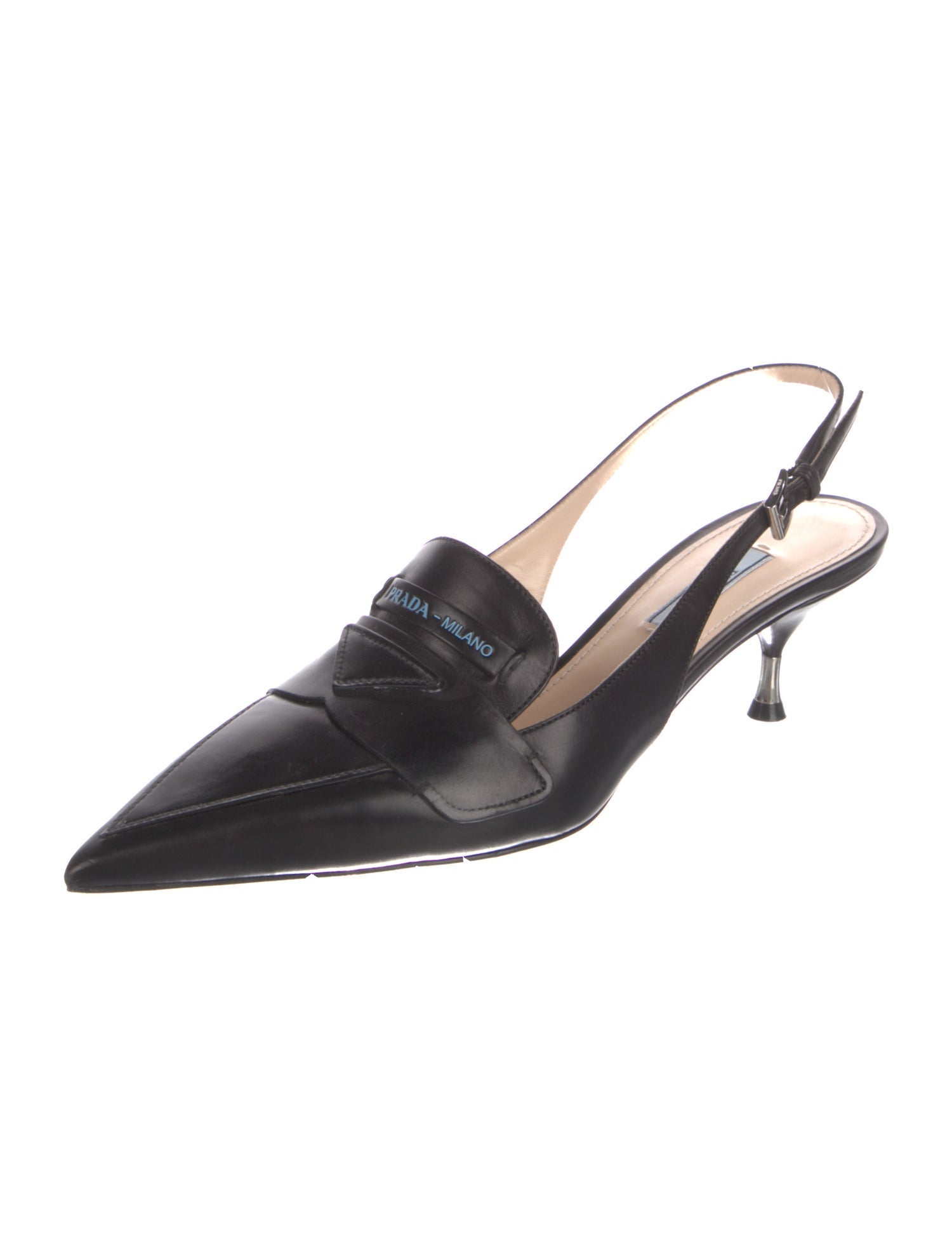 Prada Enameled Metal Triangle Leather Slingback Pumps