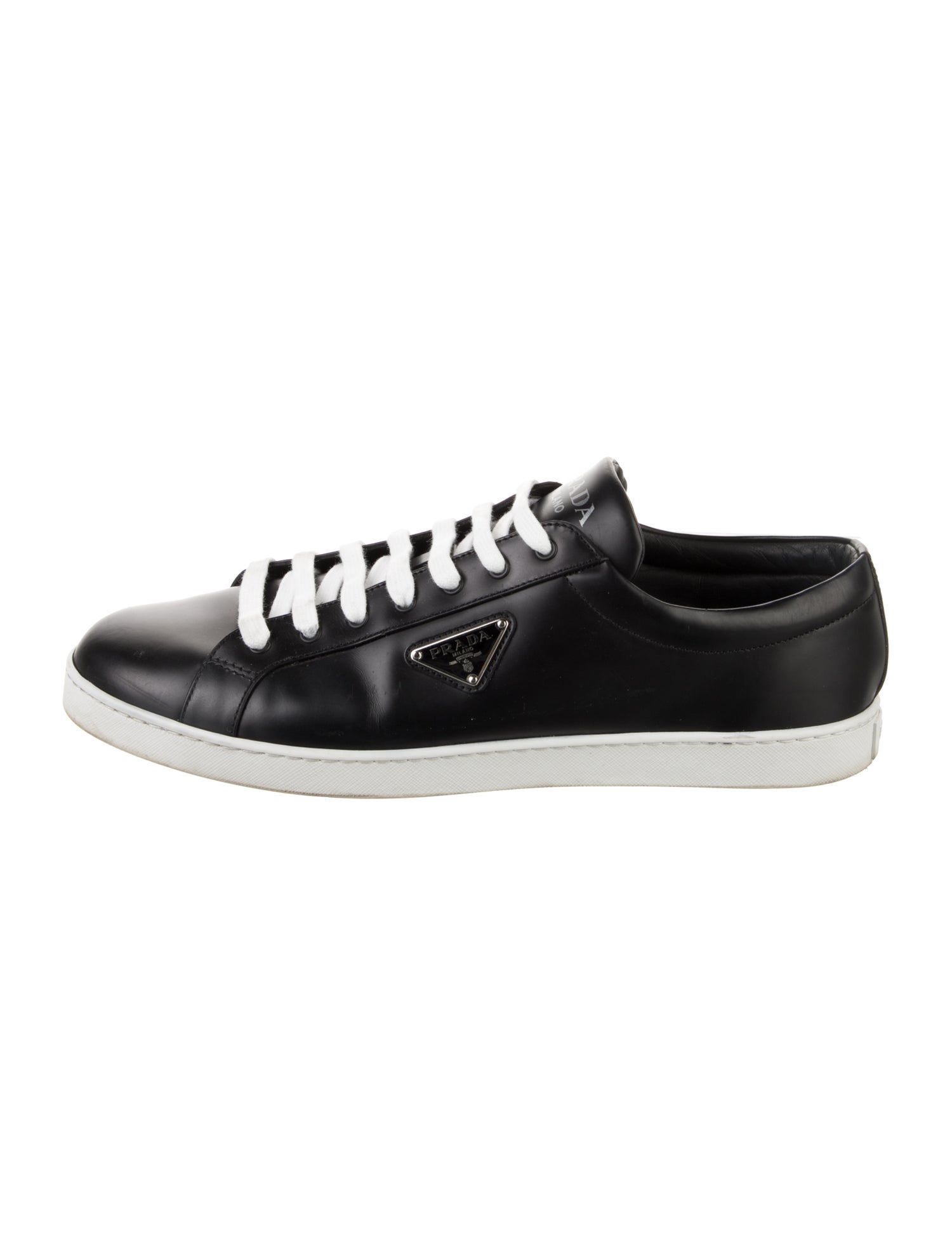 Prada Enameled Metal Triangle Leather Sneakers