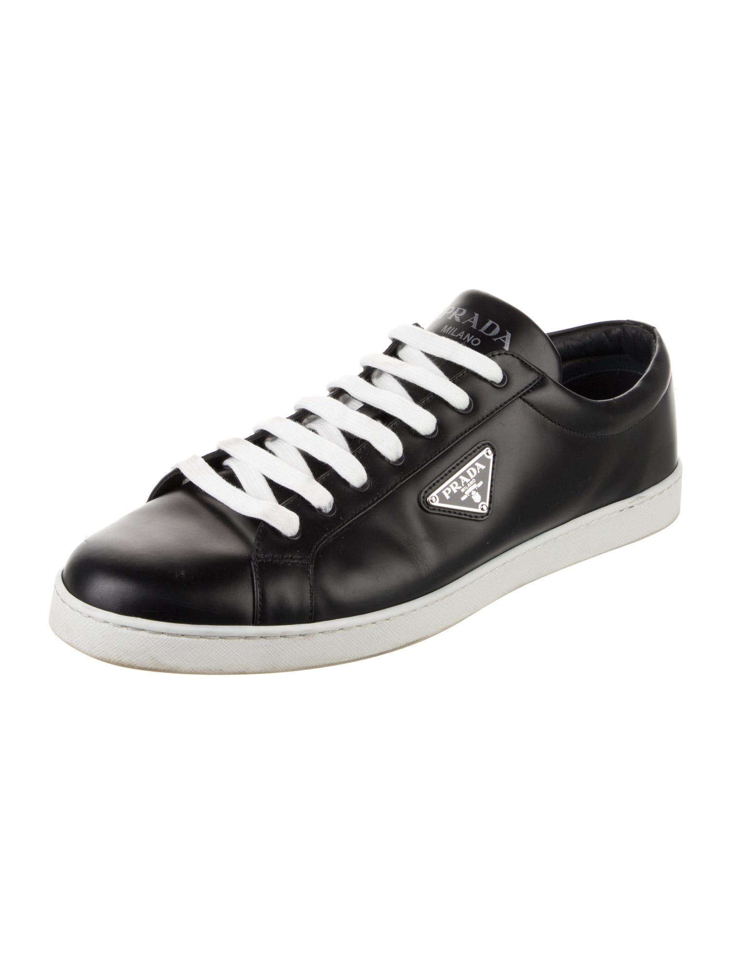 Prada Enameled Metal Triangle Leather Sneakers
