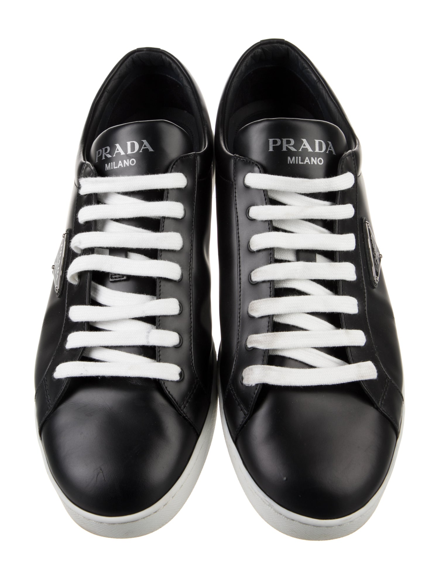 Prada Enameled Metal Triangle Leather Sneakers