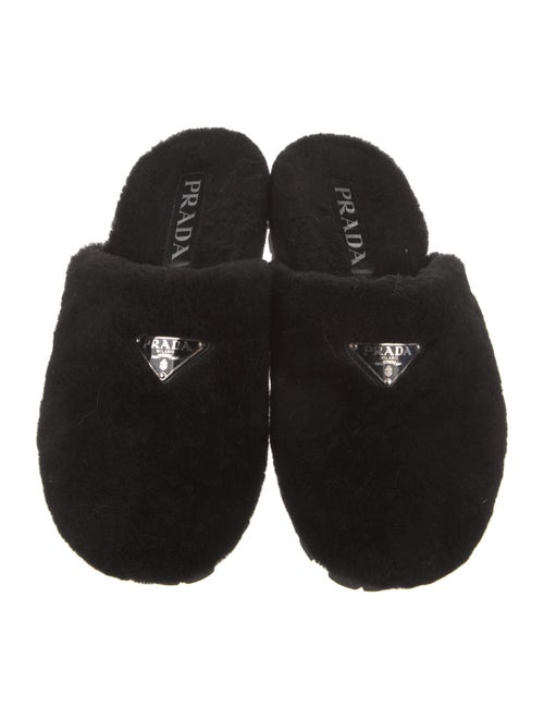 Prada Enameled Metal Triangle Shearling Slippers