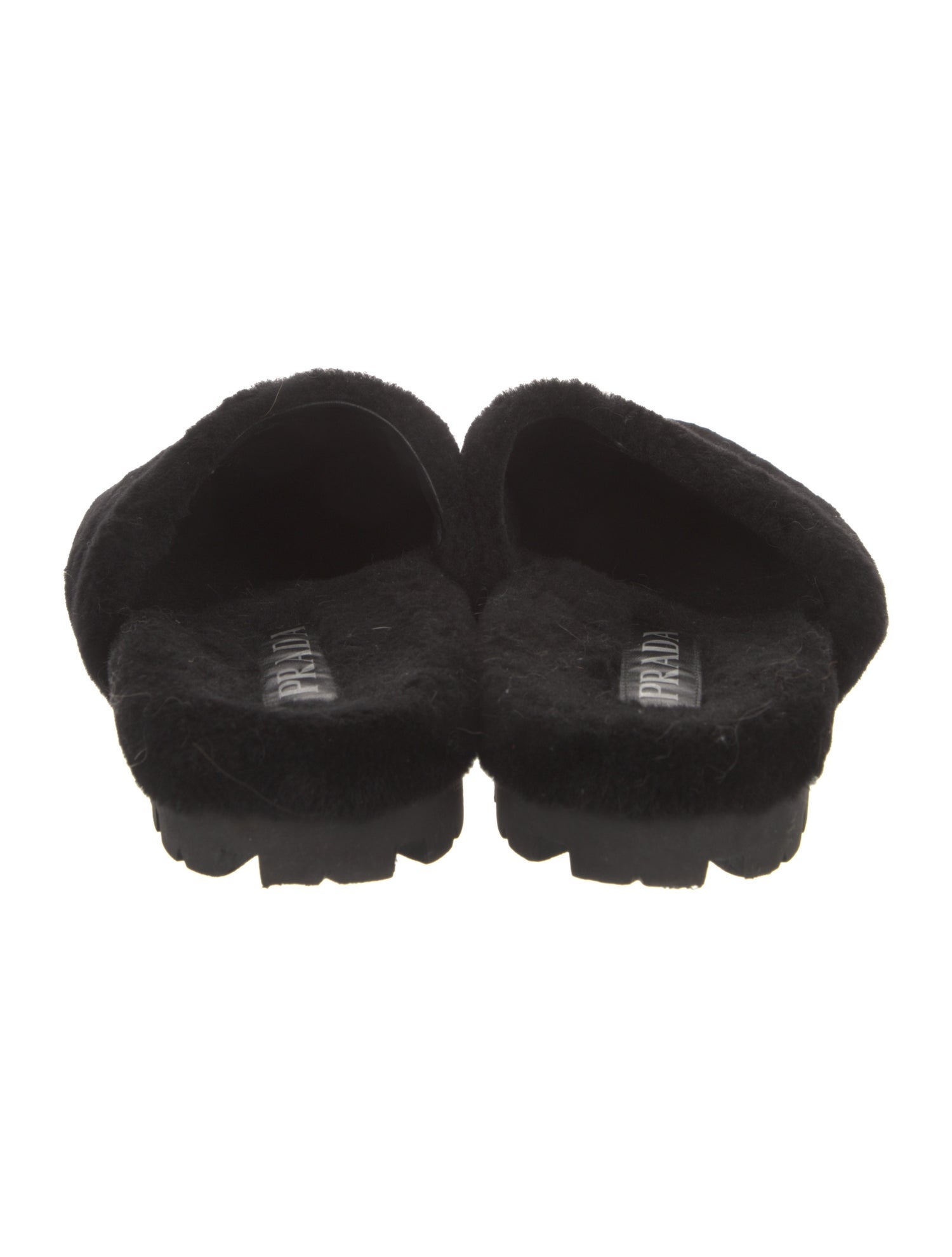 Prada Enameled Metal Triangle Shearling Slippers