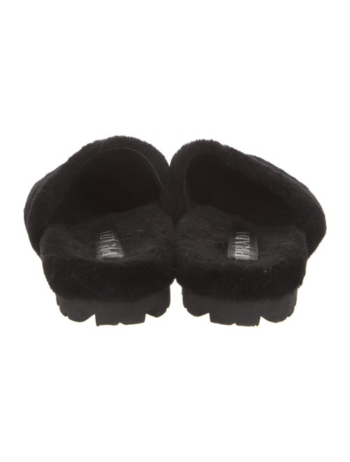 Prada Enameled Metal Triangle Shearling Slippers
