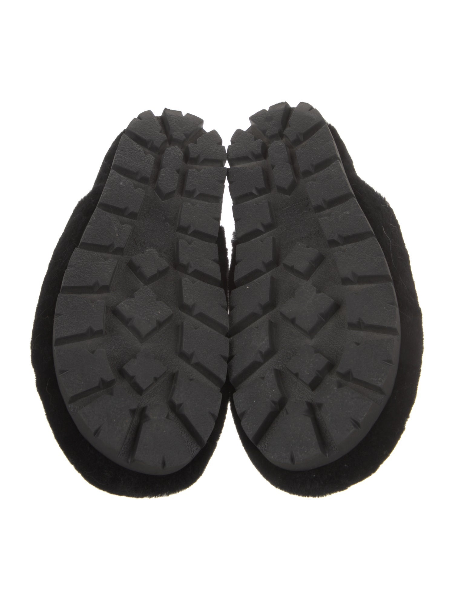 Prada Enameled Metal Triangle Shearling Slippers
