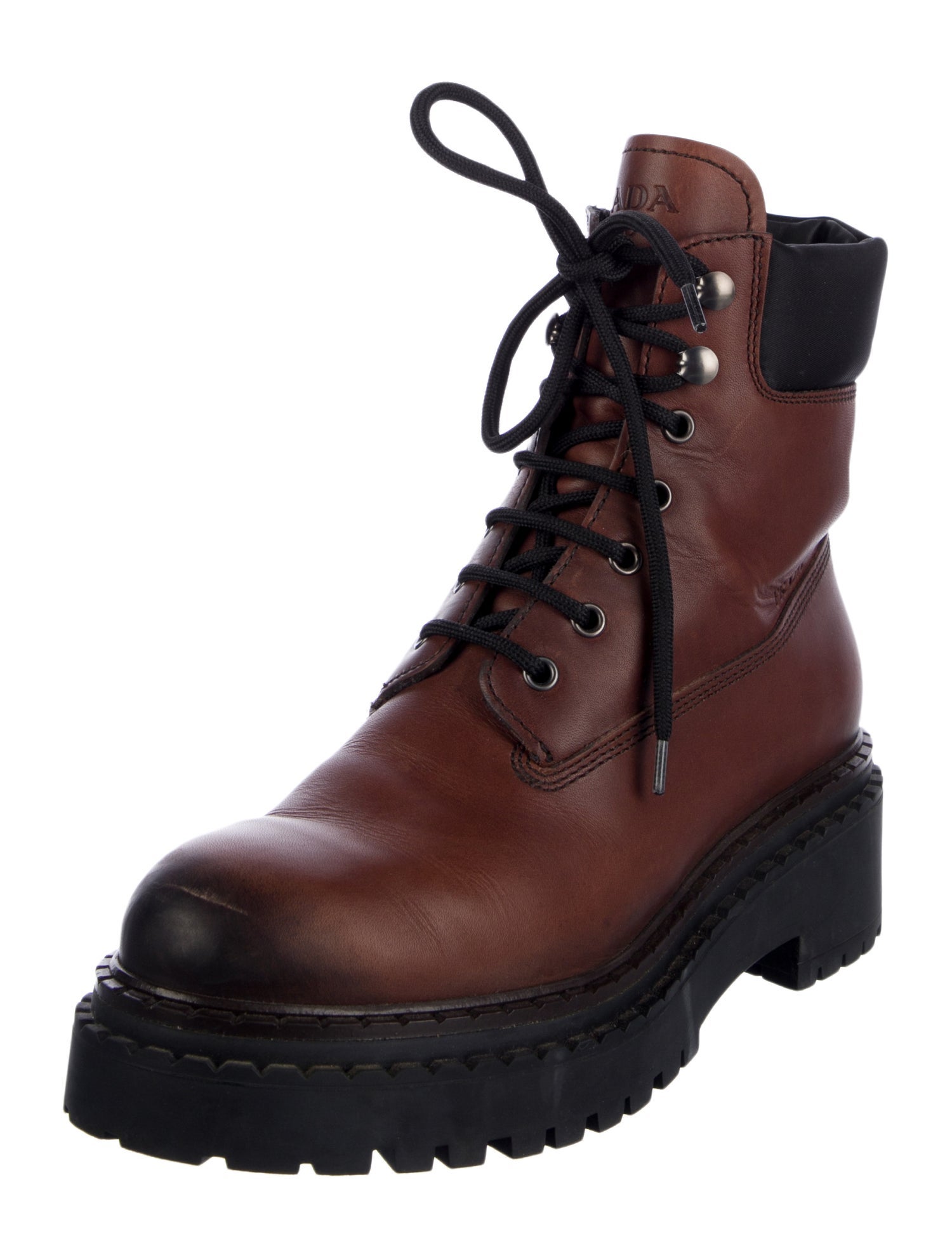 Prada Enameled Metal Triangle Leather Combat Boots