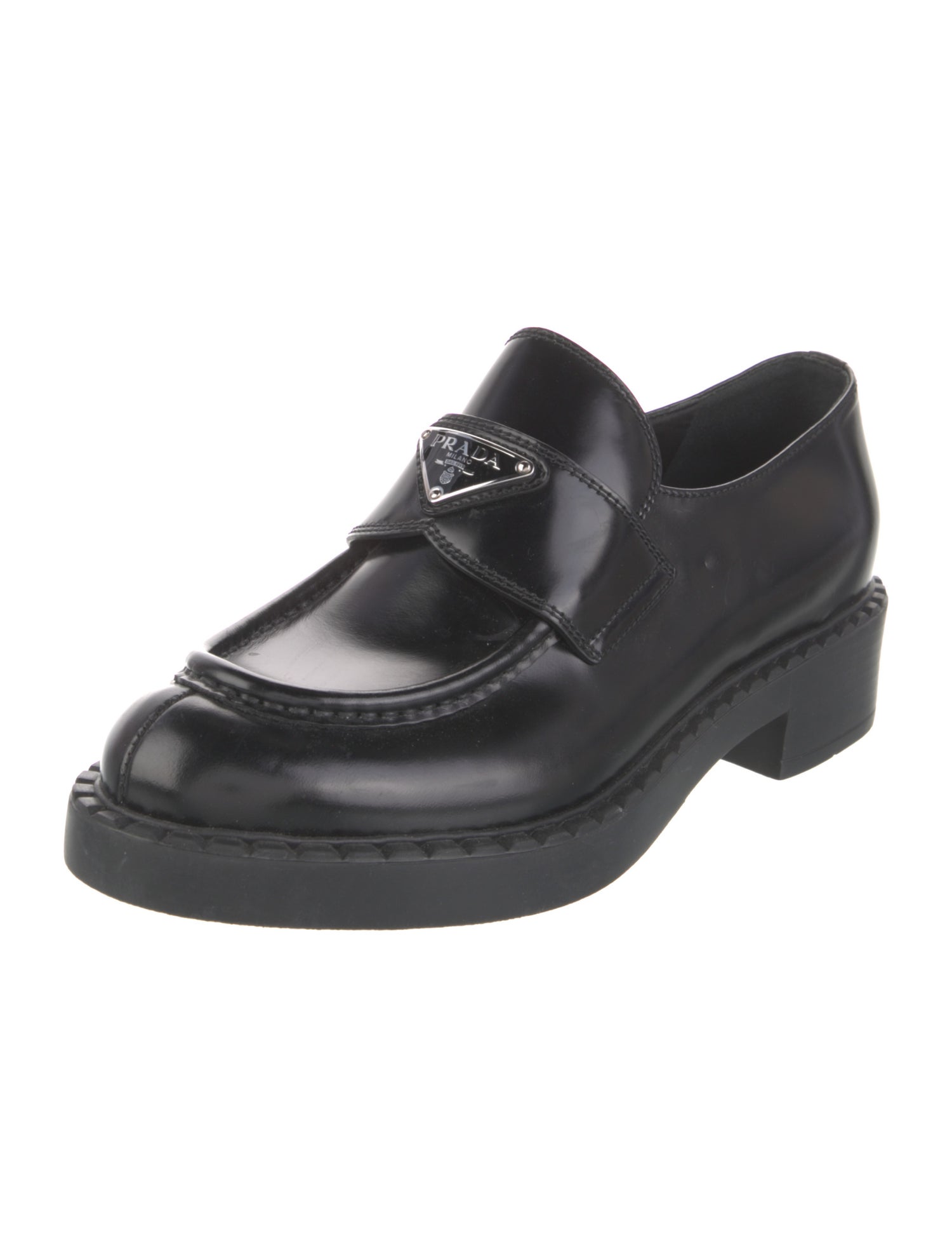 Prada Enameled Metal Triangle Leather Oxfords