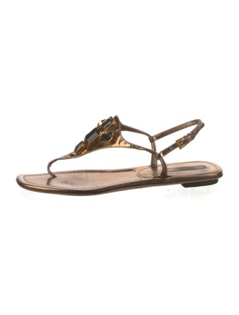 Prada Leather Crystal Embellishments T-Strap Sandals